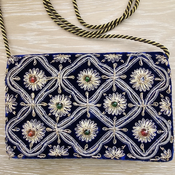 Hand Crafted Handbags - Vintage Blue Velvet Clutch Crossbody Purse with Zardozi Embroidery & Bead